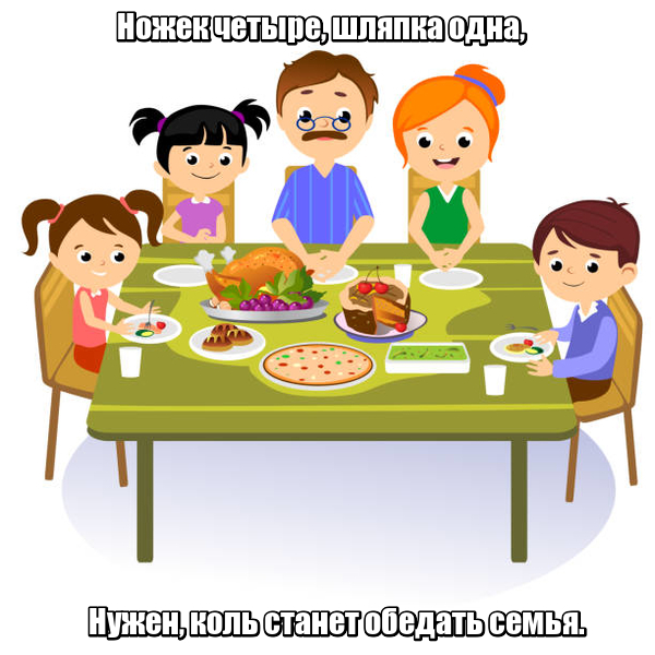 Ножек четыре, Шляпка одна, Нужен, коль станет Обедать семья. Стол